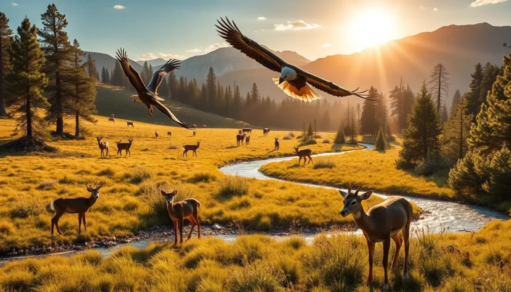 A sun-dappled meadow in the heart of Eagle Lake, California, where a pair of majestic bald eagles soar effortlessly on the gentle breeze. In the foreground, a group of curious deer graze peacefully, their alert ears and vigilant gazes capturing the tranquility of the scene. The middle ground showcases a crystalline stream, its waters sparkling like diamonds as it winds its way through the lush, verdant foliage. In the background, towering pines and rugged mountain peaks frame the captivating wildlife display, bathed in the warm glow of a golden hour sunset. This serene and awe-inspiring landscape invites nature enthusiasts to immerse themselves in the beauty of Eagle Lake's thriving ecosystem, a true haven for wildlife viewing and nature photography.