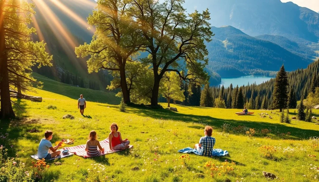 A sun-dappled meadow in the lush Peninsular Ranges, dotted with vibrant wildflowers. Families picnicking on checkered blankets, children playing frisbee and catching butterflies. Hikers traversing winding trails, taking in panoramic views of rugged mountains and serene alpine lakes. Kayakers gliding across tranquil waters, surrounded by verdant forests. Warm, golden light filters through the canopy, casting a dreamy, summertime glow over the scene. Crisp, refreshing air and the soothing sounds of nature create a peaceful, rejuvenating atmosphere for outdoor recreation.