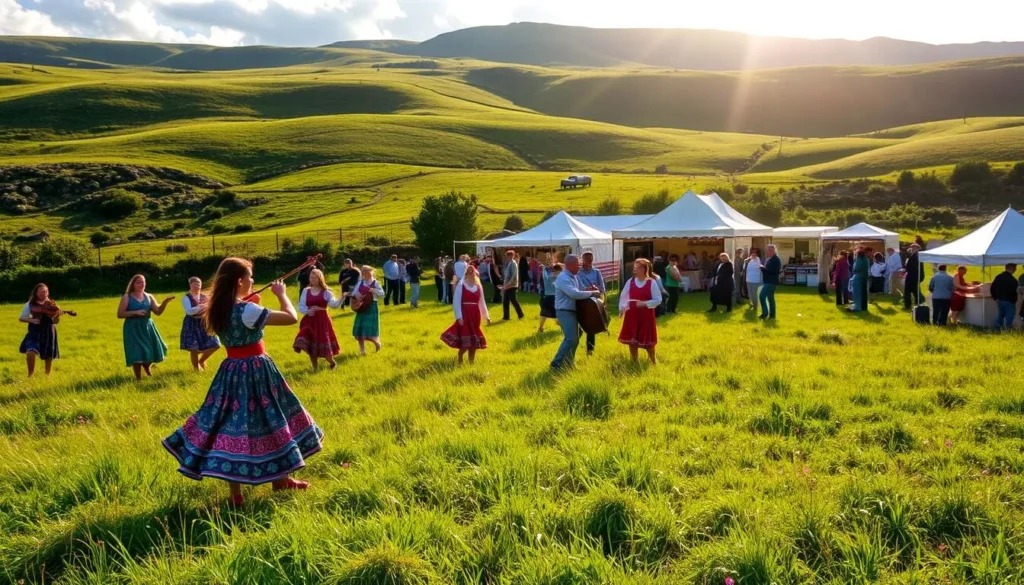 A sun-dappled meadow in the lush, rolling hills of Connacht, Ireland. In the foreground, a vibrant display of traditional music and dance, with local performers in colorful costumes twirling and weaving to the rhythm of fiddles and bodhráns. In the middle ground, a bustling market with artisanal crafts, homemade foods, and the friendly chatter of festival-goers. In the background, the warm glow of twinkling lights from food stalls and tents, hinting at the lively atmosphere of a lesser-known, but deeply cherished, local celebration.