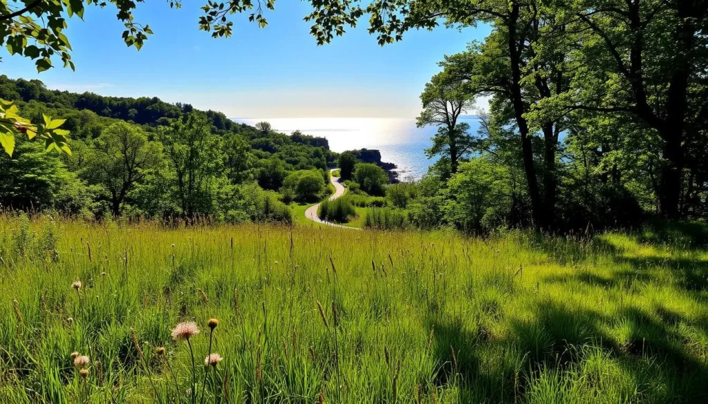 A sun-dappled nature preserve on the shores of Lake Erie, Ohio. In the foreground, a lush meadow teeming with wildflowers and tall grasses, inviting visitors to wander. In the middle ground, a winding trail leads through a dense forest, canopied by verdant trees. In the distance, the shimmering waters of the lake stretch out, framed by rocky bluffs and a clear blue sky. Warm, golden light filters through the leaves, casting a peaceful, tranquil atmosphere. A serene oasis of natural beauty, perfect for birdwatching, hiking, and connecting with the great outdoors.