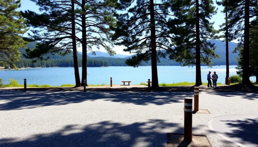 A sun-dappled parking area at the edge of Lime Saddle Lake, with a scenic vista of the tranquil waters and surrounding verdant hills. The lot is dotted with well-maintained gravel, lined with sturdy wooden posts, and framed by towering pine trees casting gentle shadows. Visitors can see themselves strolling along the lakeshore path, taking in the serene ambiance and preparing to explore the natural wonders of Lime Saddle Lake on a pleasant summer day.