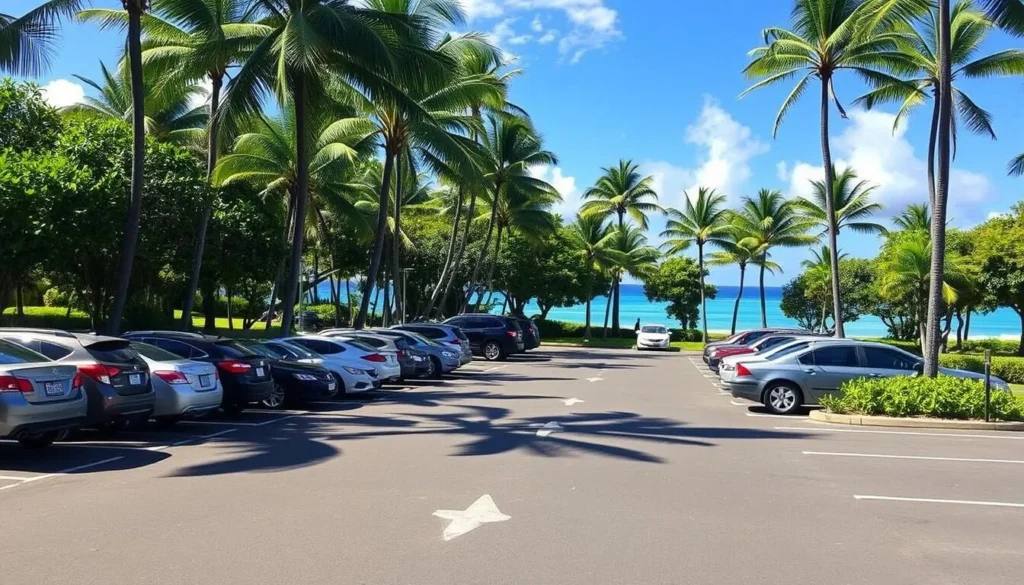 A sun-dappled parking lot at Poipu Beach Park, Kauai, Hawaii, with lush tropical foliage in the background. Rows of well-spaced vehicles under the shade of swaying palm trees. The gently sloping asphalt is clean and well-maintained, with clear directional markings guiding visitors. In the distance, glimpses of the inviting turquoise waters of the Pacific Ocean beckon. The scene conveys a sense of tranquility and easy access to the popular beach destination.