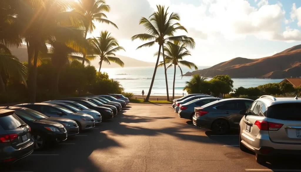 A sun-dappled parking lot nestled amidst lush palm trees and rolling hills, the entrance to Hamoa Beach on the island of Maui. Cars are neatly arranged, their reflections shimmering on the asphalt. In the distance, a glimpse of the azure Pacific Ocean beckons, its waves gently lapping the pristine white sand. The scene is bathed in warm, golden light, creating a welcoming and serene atmosphere. A well-maintained path leads from the parking area towards the beach, inviting visitors to explore this idyllic Hawaiian oasis.