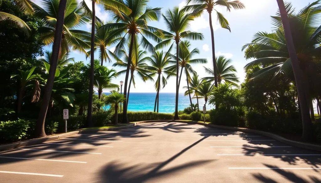 A sun-dappled parking lot nestled amidst lush tropical foliage, the Kikaua Point Park lot is a tranquil oasis. Neatly paved stalls lead the way to a well-marked trailhead, inviting visitors to explore the island's natural wonders. Towering palm trees cast gentle shadows, their fronds swaying in the warm Hawaiian breeze. The scene is bathed in a soft, golden light, creating a serene and welcoming atmosphere. In the distance, a glimpse of the sparkling azure ocean beckons, hinting at the stunning coastal views just beyond. This picturesque parking area sets the stage for an unforgettable Kikaua Point Park adventure.
