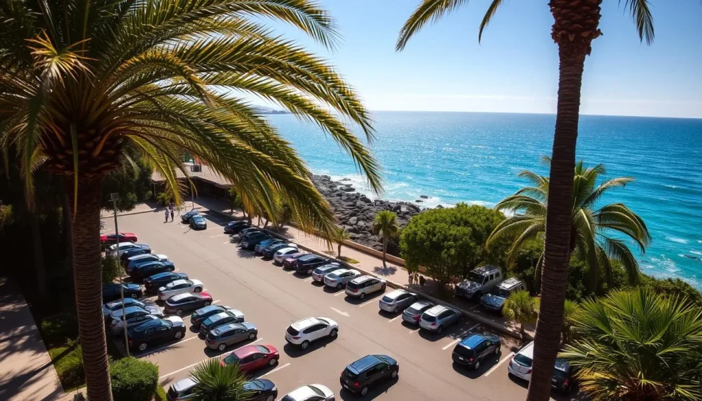 A sun-dappled parking lot nestled at the edge of a lush, tropical cove. Swaying palm trees frame the idyllic scene as beachgoers arrive, their cars neatly arranged in orderly rows. The azure Pacific ocean glimmers in the distance, its gentle waves lapping against the rocky shore. A warm, inviting atmosphere pervades the area, beckoning visitors to explore the renowned Shark's Cove just beyond. The scene is captured through a wide-angle lens, offering a comprehensive view of the picturesque setting and its integration with the surrounding natural beauty.
