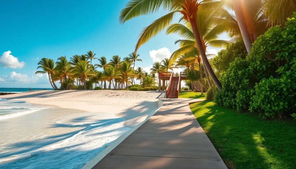 A sun-dappled path leading to a pristine white-sand beach, flanked by swaying palm trees and lush tropical foliage. Gentle waves lap against the shoreline, their azure hues reflecting the cloudless sky. In the distance, a wooden staircase ascends to a raised boardwalk, providing easy beach access for visitors. Warm, golden light filters through the scene, creating a serene and inviting atmosphere. The composition captures the essence of a picturesque Hawaiian beach, showcasing the natural beauty and accessibility of Kahekili Beach Park.
