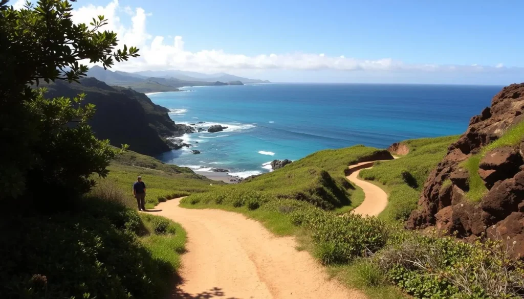 A sun-dappled path winding along a rugged coastline, flanked by verdant foliage and rocky cliffs. The Kapalua Coastal Trail, Maui, Hawaii, emerges in the foreground, its smooth, well-maintained surface inviting hikers to explore. In the middle ground, the crystal-clear turquoise waters of the Pacific Ocean shimmer, occasional whitecaps breaking against the shore. Distant mountains rise in the background, their peaks shrouded in wispy clouds. Warm, directional lighting casts long shadows, creating a serene, tranquil atmosphere. Capture this picturesque scene through a wide-angle lens, conveying the expansive, picturesque nature of this scenic trail.