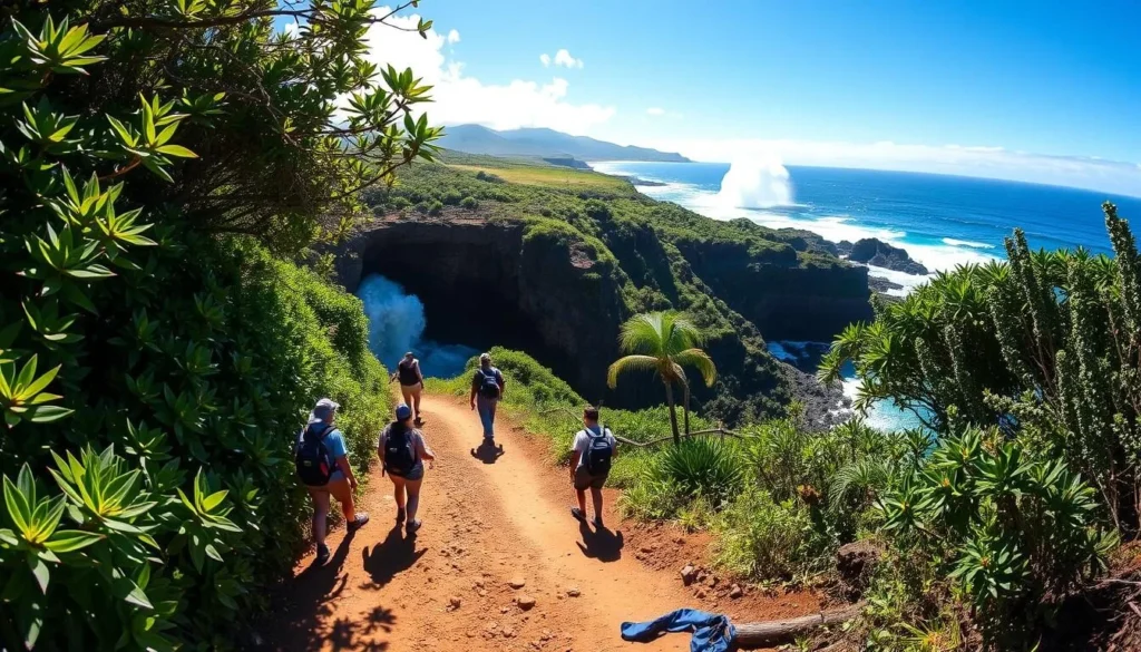 A sun-dappled path winds through lush, verdant foliage leading to the dramatic Nakalele Blowhole on the rugged Maui coastline. In the foreground, hikers carry backpacks and wear sturdy shoes, prepared for the rocky terrain. A wide-angle lens captures the sweeping vista, showcasing the powerful ocean surges erupting from the blowhole against a backdrop of azure sky and distant, volcanic peaks. The scene exudes a sense of adventure and natural wonder, inviting the viewer to embark on an unforgettable visit to this geological marvel.