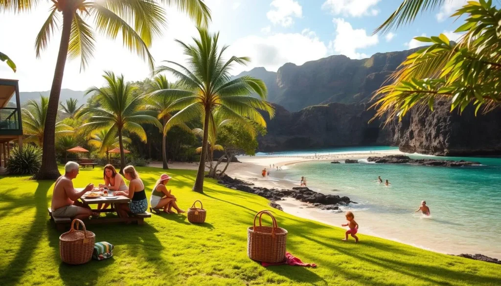 A sun-dappled picnic area at Lydgate Beach Park on the lush island of Kauai, Hawaii. Families gather on plush, green grass beneath swaying palm trees, enjoying a casual alfresco meal. A gently curving sandy beach and the serene turquoise waters of the Pacific Ocean stretch out in the background, framed by dramatic volcanic cliffs. Soft, natural lighting creates a warm, tranquil atmosphere as children play and splash in the shallow, protected lagoon. Vibrant tropical foliage, wicker baskets, and colorful picnic blankets add pops of color to the peaceful scene.