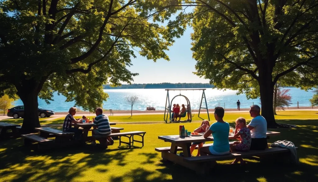 A sun-dappled picnic area at Mark Twain Lake, Missouri. In the foreground, a family gathers around a wooden table, enjoying a delectable outdoor feast. Children play on a nearby swing set, their laughter filling the air. Lush green trees frame the scene, casting gentle shadows across the well-manicured lawn. In the middle distance, a sparkling lake reflects the azure sky, inviting visitors to explore its serene waters. The warm, golden light of a perfect summer day bathes the entire landscape, creating a welcoming and tranquil atmosphere perfect for family relaxation and quality time together.