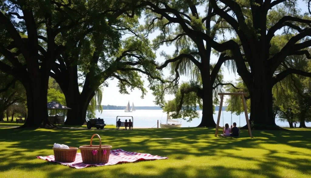 A sun-dappled picnic area at Sardis Lake, Mississippi. Lush green grass and towering oak trees frame a family setting - a red-and-white checkered blanket on the ground, a wicker picnic basket, and children playing on a wooden swing set. A gentle breeze ruffles the leaves, casting soft shadows. In the background, the tranquil waters of the lake glisten, with sailboats dotting the horizon. The scene exudes a sense of relaxation and outdoor leisure, perfect for a day of family fun.