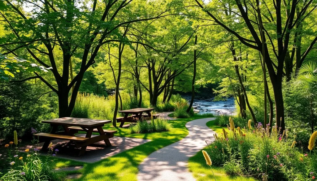 A sun-dappled picnic area nestled amidst verdant trees, with wooden picnic tables and benches inviting visitors to enjoy a leisurely outdoor meal. A winding path leads through the lush greenery, flanked by colorful wildflowers that sway gently in the breeze. In the distance, a crystal-clear stream glistens, its gentle murmur adding to the serene ambiance. Soft, warm lighting filters through the canopy, creating a cozy, welcoming atmosphere perfect for a relaxing al fresco dining experience.