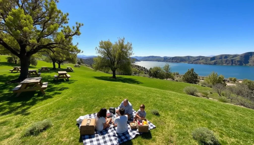 A sun-dappled picnic area nestled in the lush greenery of Spanish Flat Reservoir, California. Wooden picnic tables and benches line the gently sloping terrain, inviting visitors to settle in and enjoy the tranquil surroundings. In the foreground, a family spreads out a checkered blanket, unpacking a bountiful picnic basket. The middle ground showcases a well-maintained lawn, dotted with shady trees providing a natural canopy. In the background, the serene waters of the reservoir glisten, framed by rolling hills and a cloudless azure sky. The scene exudes a sense of peaceful relaxation, perfect for a day of outdoor leisure and quality time with loved ones.