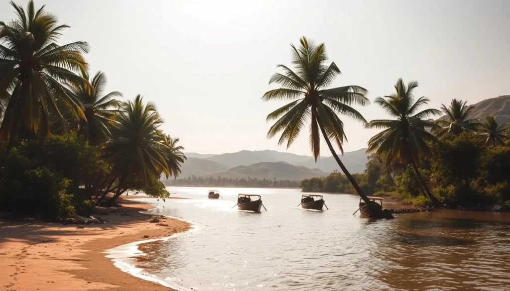 A sun-dappled riverbank in Kratie, Cambodia during the dry season. In the foreground, a winding river with glistening waters and a sandy shore. Towering palm trees sway gently in the breeze, their fronds casting dynamic shadows. In the middle ground, traditional wooden boats float peacefully, their hulls reflecting the clear sky above. The background features lush, rolling hills in shades of green and gold, hazy in the distance. Warm, diffused lighting bathes the scene, creating a serene and tranquil atmosphere. The overall mood is one of calm and contemplation, perfectly capturing the essence of Kratie during its best time to visit.