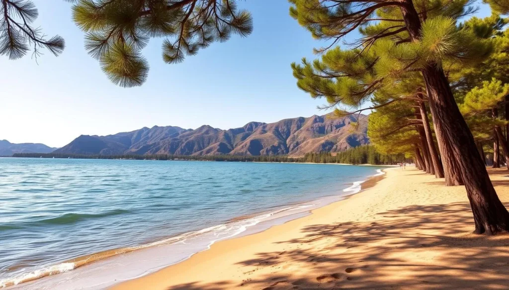 A sun-dappled sandy beach along the serene shores of Santa Margarita Lake, California. Gentle waves caress the shoreline, their soothing rhythms inviting visitors to bask in the tranquility. Towering pine trees frame the scene, casting soft shadows on the golden sand. In the distance, rugged hills rise up, their slopes draped in lush, verdant vegetation. The air is crisp and refreshing, perfect for a day of water activities and recreation. A serene, picturesque landscape that captures the natural beauty of this idyllic lake destination.