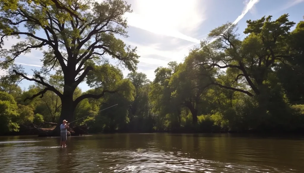 A sun-dappled scene along the Meramec River, Missouri. In the foreground, an angler casts a line, the gentle ripples of the water reflecting the verdant foliage lining the banks. Towering sycamores and oaks cast long shadows across the tranquil river, their leaves rustling in the warm breeze. Wispy clouds drift overhead, illuminated by the golden rays of an afternoon sun. The overall mood is serene and peaceful, inviting the viewer to immerse themselves in the beauty of this natural oasis. Captured with a wide-angle lens to showcase the picturesque landscape.