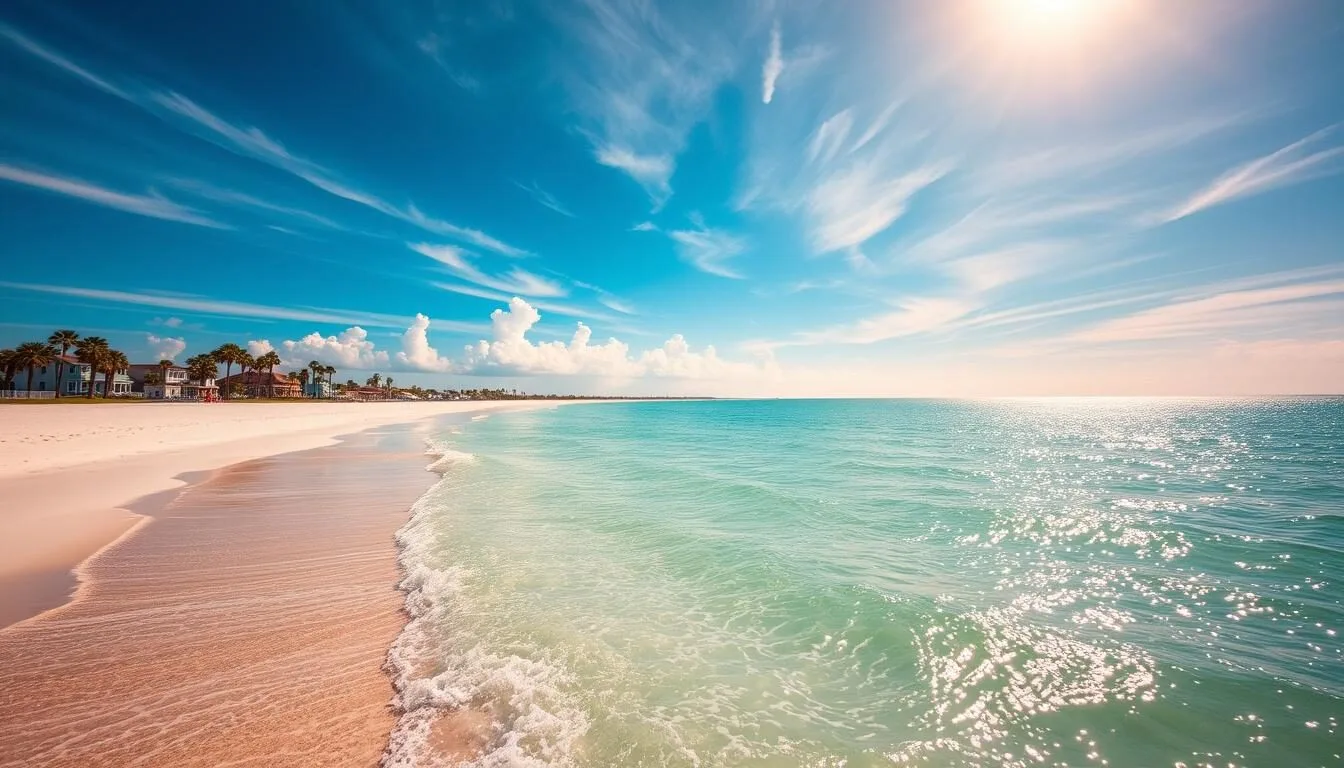 A sun-dappled scene along the pristine shores of the Mississippi Gulf Coast in Ocean Springs. Pristine white sand beaches stretch as far as the eye can see, framed by emerald green waves gently lapping at the shoreline. In the distance, a cluster of charming pastel-colored buildings and lush palm trees reflect in the crystal clear waters. Overhead, wispy clouds drift lazily across a vibrant azure sky, illuminated by warm, golden sunlight. A picturesque coastal town brimming with Southern charm and natural beauty.