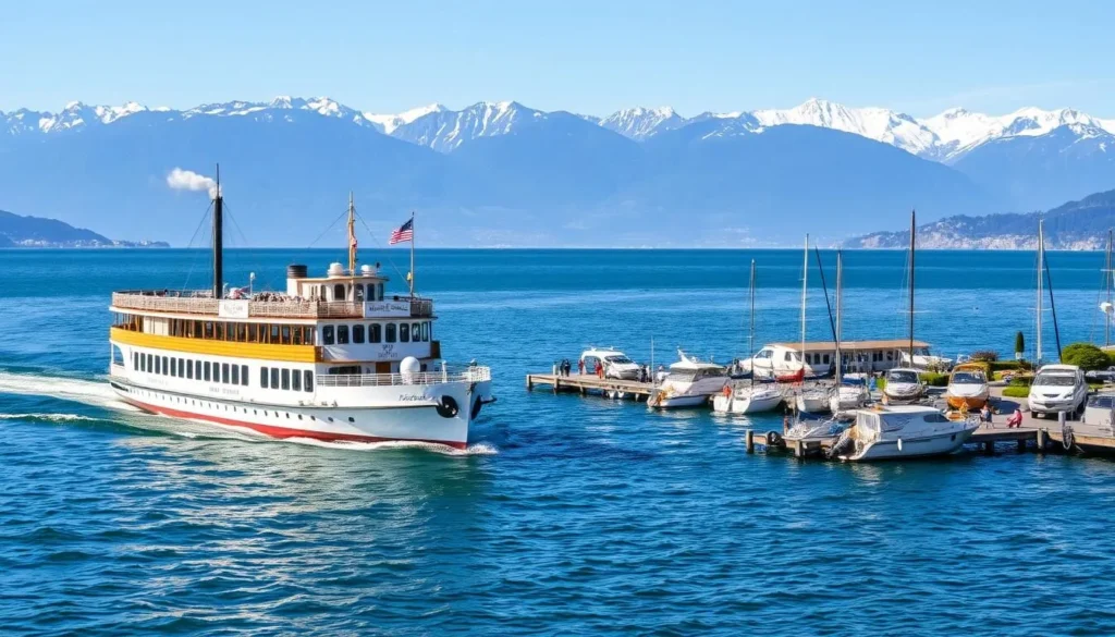A sun-dappled scene along the shores of Lake Geneva, Switzerland. In the foreground, a gleaming white paddle steamer glides across the serene, azure waters, its classic wooden hull and ornate detailing reflecting the picturesque surroundings. In the middle ground, a bustling pier with a mix of traditional and modern watercraft - sailboats, motorboats, and even a sleek hydrofoil ferry. The distant background features the majestic snow-capped peaks of the Alps, bathed in warm, golden light. The overall atmosphere is one of tranquility, with people strolling along the promenade or relaxing on the pier, taking in the stunning natural beauty of this iconic Swiss destination.