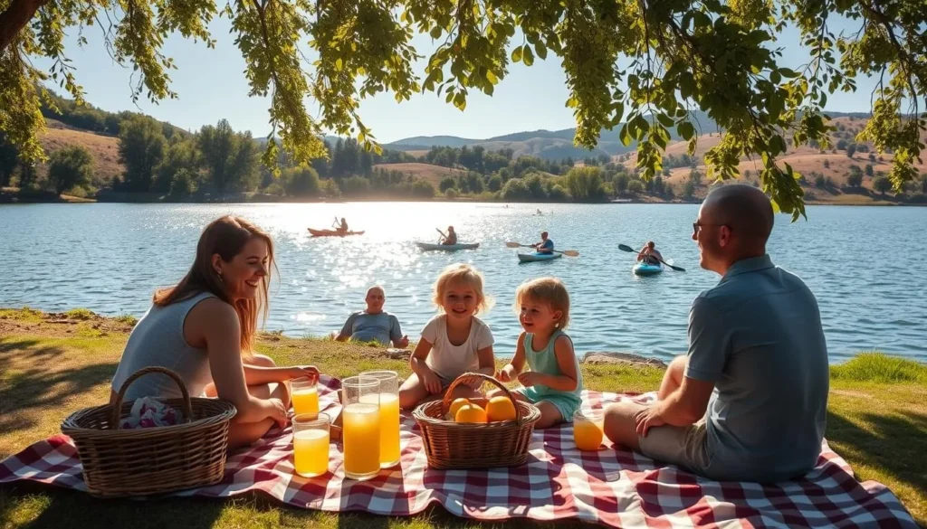 A sun-dappled scene at Lake Silverado, California. In the foreground, a family of four - parents and two young children - enjoying a picnic on a checkered blanket, surrounded by wicker baskets and lemonade. In the middle ground, people kayaking and paddle boarding on the tranquil, glimmering lake, fringed by lush, verdant trees. In the background, rolling hills and a cloudless azure sky. Warm, soft lighting filters through the leaves, creating a serene, inviting atmosphere. Capture the joy and togetherness of a family making lasting memories at this picturesque lakeside setting.