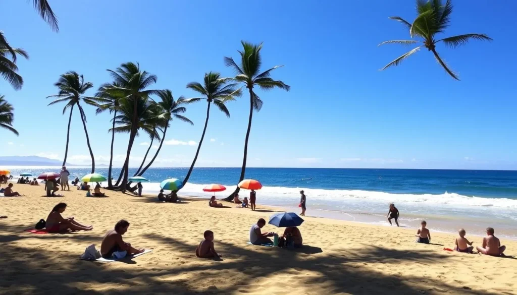 A sun-dappled scene at Lydgate Beach Park, Kauai. In the foreground, families and friends laze on the soft, golden sand, children building sandcastles and splashing in the gentle waves. Colorful beach umbrellas dot the middle ground, casting playful shadows. In the background, lush palm trees sway gently, framing the horizon where the sparkling Pacific meets the clear blue sky. The atmosphere is one of laid-back tranquility, as visitors bask in the warm Hawaiian sun and take in the serene natural beauty of this idyllic beach setting.