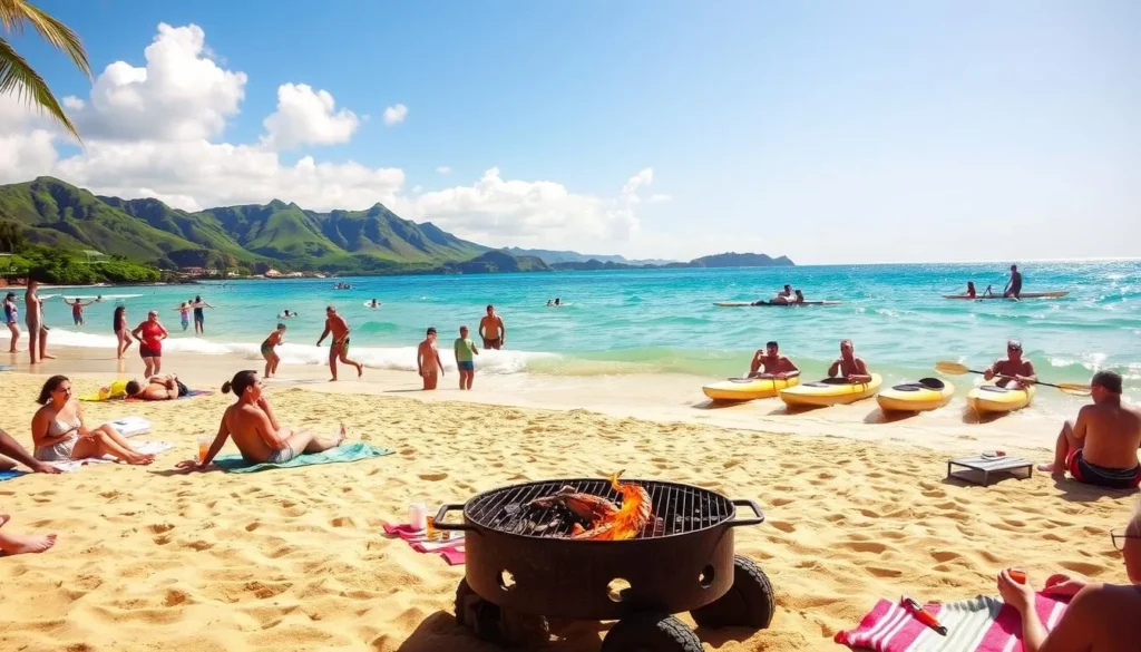 A sun-dappled scene at Mākua Beach, Oahu, Hawaii. In the foreground, people frolic in the gentle waves, their laughter echoing across the golden sands. Beachgoers lounge on vibrant towels, sipping tropical drinks and soaking up the warm island breeze. In the middle ground, a group gathers around a charcoal grill, sizzling with the aroma of freshly grilled seafood. Kayaks and stand-up paddleboards glide across the turquoise waters, their colorful hulls reflecting the cloudless sky. In the distance, lush green hills frame the serene landscape, creating a picturesque paradise for visitors to enjoy the natural beauty of Mākua Beach.