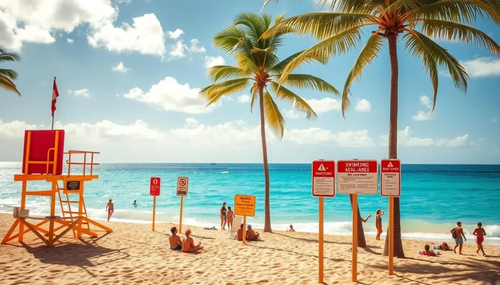 A sun-dappled scene at Po'ipu Beach, Kauai, showcasing the essential safety features. In the foreground, a lifeguard stand stands vigilant, its red and yellow colors catching the eye. Beach-goers relax on the golden sand, some wading in the crystal-clear turquoise waters. In the middle ground, a series of clearly marked signs delineate swimming areas, warn of rip currents, and provide emergency contact information. Towering palms sway gently in the trade winds, framing the scene. Warm, diffused lighting bathes the entire vista, creating a serene, tranquil atmosphere inviting visitors to enjoy the beach's many amenities in safety and comfort.