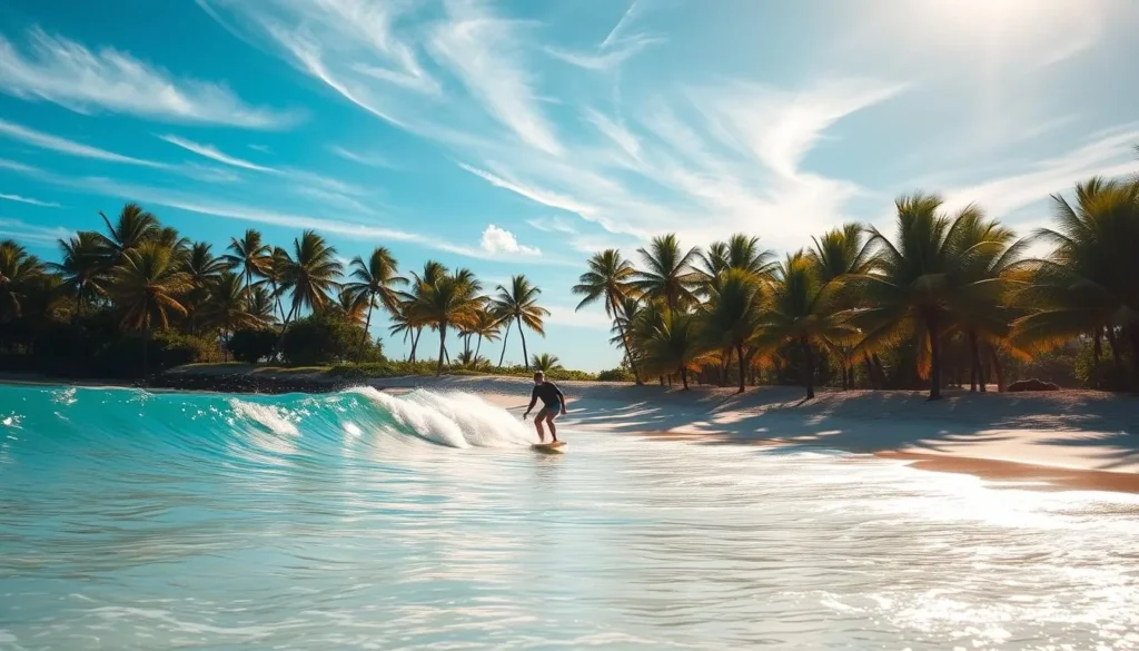 A sun-dappled scene at White Sands Beach Park, Hawaii. In the foreground, a surfer rides a graceful wave, their board carving through the glistening turquoise waters. Lush palm trees line the pristine white sand beach, framing the serene coastal landscape. The sky is a brilliant azure, with wispy clouds drifting overhead, casting gentle shadows across the tranquil scene. The lighting is warm and natural, creating a golden, atmospheric glow. Capture this idyllic moment of beach life and adventure at White Sands, where the joy of surfing meets the beauty of the Hawaiian coastline.