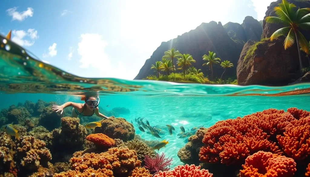 A sun-dappled scene of Anini Beach, Kauai, Hawaii. In the foreground, a snorkeler gracefully explores the vibrant coral reef, surrounded by schools of tropical fish. The middle ground reveals the gently lapping turquoise waters, with lush palm trees lining the pristine white sand beach. In the background, verdant cliffs rise up, creating a serene and picturesque setting. The image is captured with a wide-angle lens, conveying a sense of tranquility and immersion in the natural beauty of this Hawaiian paradise. Soft, diffused lighting bathes the scene, evoking a warm, inviting atmosphere.