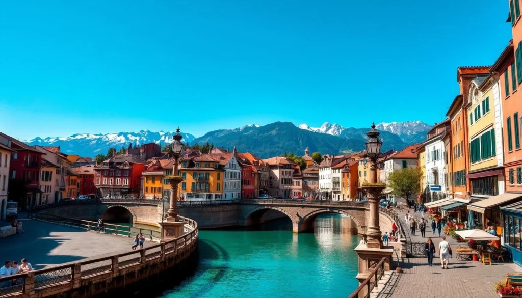 A sun-dappled scene of Annecy's historic old town, its colorful facades and winding cobblestone streets bathed in warm daylight. Quaint cafes and shops line the banks of the tranquil Thiou River, its turquoise waters reflecting the azure sky overhead. In the distance, the majestic snow-capped peaks of the French Alps rise up, creating a breathtaking backdrop. Pedestrians stroll leisurely, pausing to admire the picturesque bridges and charming architecture. The mood is serene and inviting, capturing the essence of Annecy's alluring ambiance during the daylight hours.