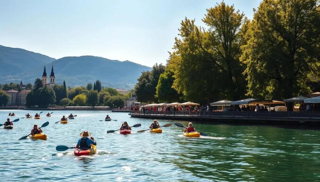 A sun-dappled scene of Annecy's summer splendor. In the foreground, people paddle leisurely on the tranquil lake, their colorful kayaks gliding across the shimmering water. In the middle ground, families stroll along the picturesque promenade, pausing to admire the views of the Alpine peaks in the distance. The background is a tapestry of lush greenery, with towering trees casting gentle shadows over the lively activities. Warm, golden light bathes the entire landscape, creating a serene and inviting atmosphere. Detailed, cinematic, well-composed.