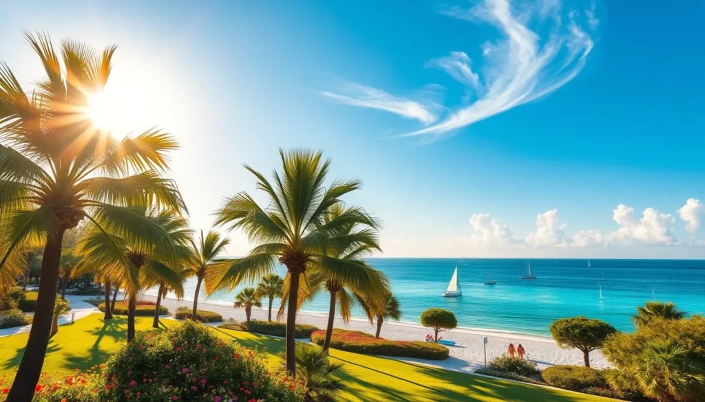 A sun-dappled scene of Destin, Florida in springtime. In the foreground, lush, verdant palm trees sway gently in a light breeze. Vibrant blooms of colorful wildflowers dot the well-manicured lawns leading to a picturesque white-sand beach. The middle ground reveals the sparkling emerald waters of the Gulf of Mexico, with sailboats and kayaks dotting the tranquil surface. In the distance, a clear blue sky is punctuated by fluffy, wispy clouds, casting a warm, golden glow over the entire idyllic landscape. Crisp, natural lighting from an overhead sun accentuates the serene, picturesque atmosphere of this quintessential spring day in Destin.