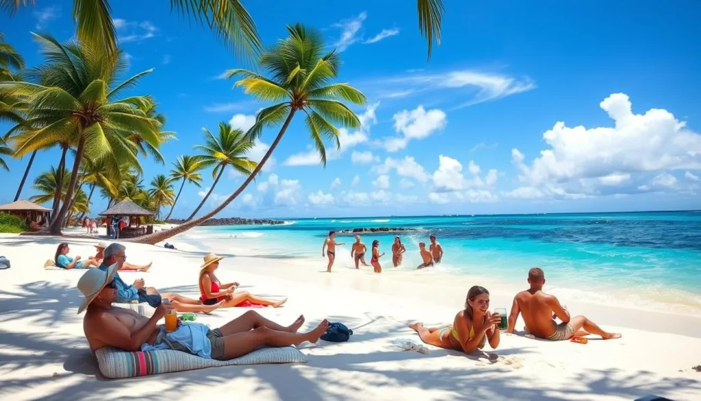 A sun-dappled scene of Lopa Beach, Lanai, Hawaii. In the foreground, beachgoers lazily lounge on soft white sand, sipping tropical drinks and building sandcastles. In the middle ground, a group of friends playfully splash in the crystal-clear turquoise waters, their laughter carried on the gentle breeze. Farther back, palm trees sway overhead, casting dancing shadows across the scene. The sky is a brilliant blue, with fluffy white clouds drifting by. The whole atmosphere exudes a sense of tranquility and relaxation, inviting visitors to immerse themselves in the laid-back island lifestyle.