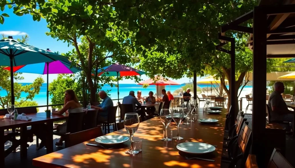 A sun-dappled scene of an outdoor dining area in Coral Bay, Western Australia. In the foreground, a wooden table is set with plates, cutlery, and glasses, inviting diners to partake in a leisurely meal. Behind it, a canopy of lush, green foliage provides natural shade, while colorful umbrellas add a touch of vibrant contrast. In the middle ground, patrons are seated at the tables, enjoying the warm, coastal ambiance. The background features a glimpse of the turquoise waters of Coral Bay, with a hint of the sandy beach in the distance. The lighting is soft and diffused, creating a calming, golden glow that enhances the overall tranquil atmosphere.