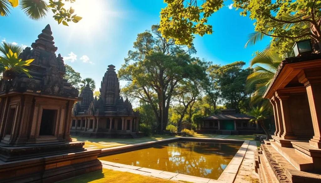 A sun-dappled scene of ancient Khmer temples nestled amidst lush tropical foliage in Siem Reap, Cambodia. In the foreground, ornate stone structures with intricate carvings and weathered facades stand majestically, inviting exploration. The middle ground features a tranquil reflecting pool, mirroring the temples' grandeur. In the background, a canopy of verdant trees and azure skies create a serene, timeless atmosphere. Capture the timeless wonder of these spiritual sanctuaries with warm, natural lighting and a wide-angle lens, showcasing their scale and architectural magnificence.