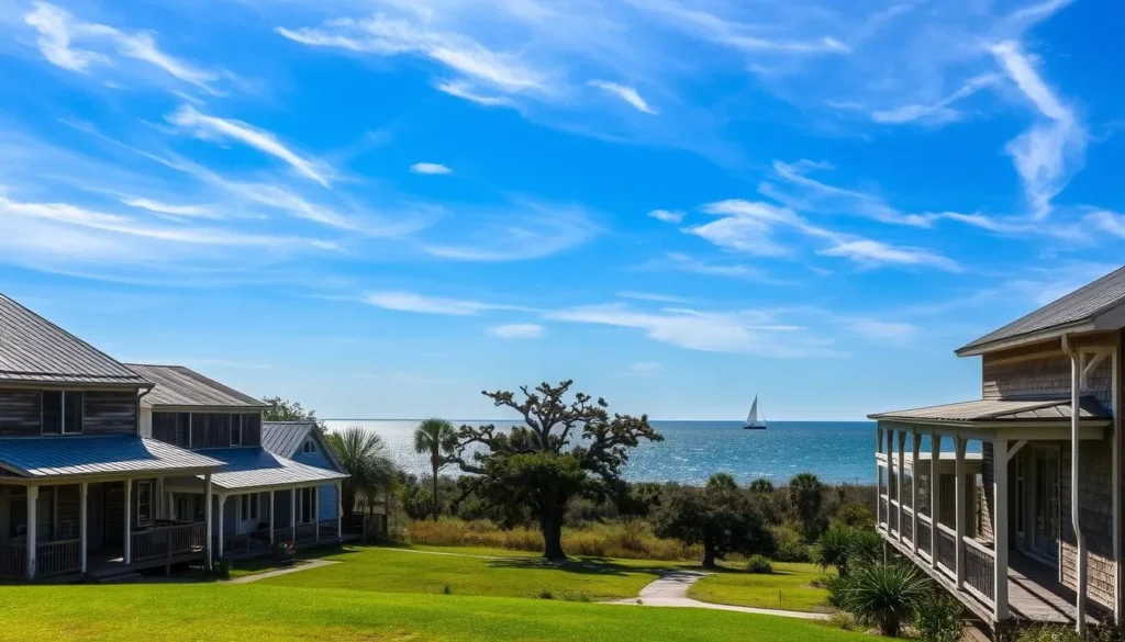 A sun-dappled scene of historic Portsmouth Village, North Carolina. In the foreground, weathered wooden buildings with wide porches stand in peaceful repose, their clapboard siding and tin roofs a testament to the region's maritime heritage. Beyond, a grassy expanse dotted with live oaks and palmettos leads to the sparkling waters of the Pamlico Sound, where a lone sailboat glides across the horizon. The sky is a brilliant blue, with wispy clouds casting soft shadows across the idyllic landscape. A sense of timelessness pervades the scene, inviting the viewer to step back into the rich history of this unique coastal community.
