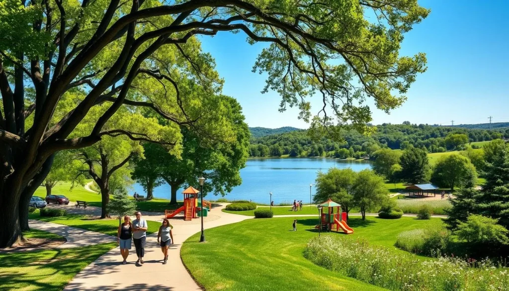 A sun-dappled scene of lush, verdant parks in Jefferson City, Missouri. In the foreground, families stroll along well-maintained pathways, children playfully explore colorful playgrounds. Towering oak trees cast gentle shadows, their branches swaying in a light breeze. In the middle ground, a serene lake reflects the vibrant greenery and clear blue sky. On the horizon, rolling hills dotted with blooming wildflowers create a tranquil, pastoral atmosphere. The lighting is soft and natural, conveying a sense of warmth and relaxation. The composition is balanced, inviting the viewer to immerse themselves in this idyllic, family-friendly outdoor oasis.
