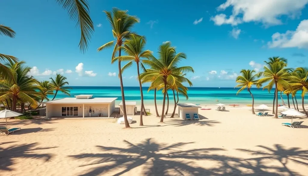 A sun-dappled scene of the White Sands Beach Park facilities on the Big Island of Hawaii. In the foreground, a well-maintained sandy beach dotted with umbrellas and beach chairs. In the middle ground, a cluster of modern, low-profile buildings housing changing rooms, showers, and a small snack bar. Lush palm trees sway gently in the light breeze, casting dappled shadows on the ground. In the background, the crystal-clear turquoise waters of the Pacific Ocean stretch out to the horizon, with a few kayaks and paddleboards visible in the distance. The overall atmosphere is one of laid-back tropical tranquility, inviting visitors to relax and enjoy the natural beauty of this Hawaiian oasis.