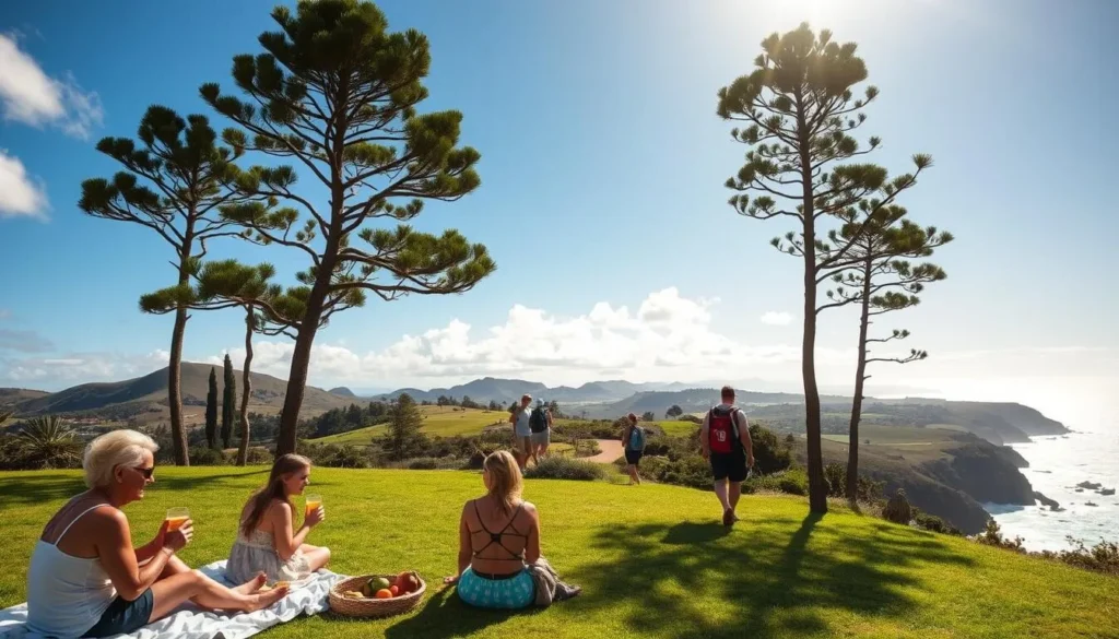 A sun-dappled scene on Norfolk Island, capturing the essence of its weather-driven activities. In the foreground, a family picnics on a lush green lawn, sipping chilled drinks and enjoying the gentle ocean breeze. In the middle ground, hikers traverse a winding trail, their backs to the camera, gazing out at the dramatic coastline. The background features rolling hills, dotted with tropical foliage and the iconic Norfolk Island pines, their silhouettes outlined against a vivid azure sky. The lighting is warm and natural, casting a golden glow over the entire tableau. This serene, picturesque setting invites the viewer to imagine the many ways to savor Norfolk Island's idyllic weather.