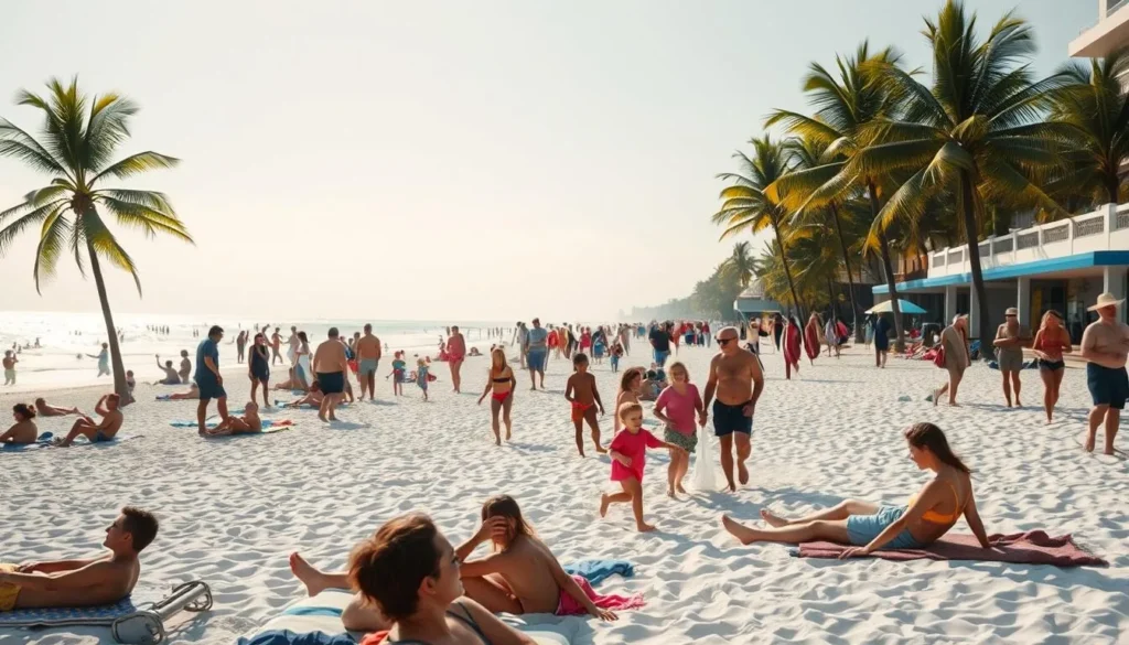 A sun-dappled scene on Palm Beach, Florida, capturing the ebb and flow of crowds across the seasons. In the foreground, sunbathers lounge on pristine white sand, while beachgoers stroll along the promenade. The middle ground reveals families playing in the gentle waves, their laughter and delight captured in a crisp, documentary-style shot. In the background, palm trees sway gently, their fronds casting long shadows over the bustling scene. The lighting is warm and golden, evoking a sense of idyllic coastal living. The camera angle is slightly elevated, providing a panoramic view of the beach and its ever-changing levels of activity, from the peak of high season to the tranquil off-season.