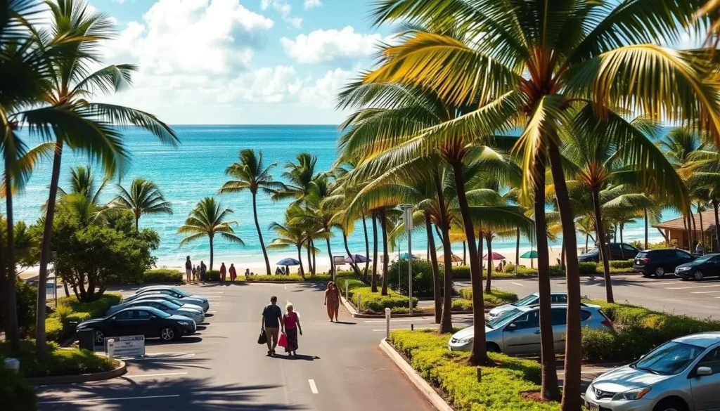 A sun-dappled seaside parking lot at Kaanapali Beach, Maui. Rows of well-marked stalls dot the lush, palm-fringed landscape, with the sparkling turquoise waters of the Pacific visible in the distance. Beachgoers stroll along the paved paths, their beach bags and towels in hand, preparing to enjoy the island's renowned white sand and gentle waves. Warm, diffused lighting filters through the swaying palm fronds, casting a tranquil, inviting atmosphere. Capture the perfect balance of convenience and natural beauty that embodies the essence of Kaanapali Beach.