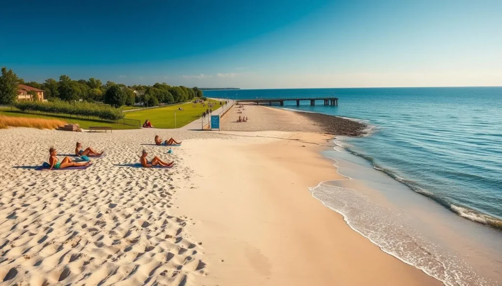 A sun-dappled shoreline of Lake Erie, with soft sand and gentle waves lapping at the water's edge. In the foreground, beachgoers recline on towels, enjoying the warm breeze. The middle ground features a well-maintained boardwalk, lined with lush greenery and leading to a picturesque pier. In the background, a panoramic vista of the vast lake, its deep blue waters stretching out to the horizon. The scene is bathed in golden afternoon light, creating a serene and inviting atmosphere. Shoot this using a wide-angle lens to capture the expansive scale of the beach and its natural surroundings.