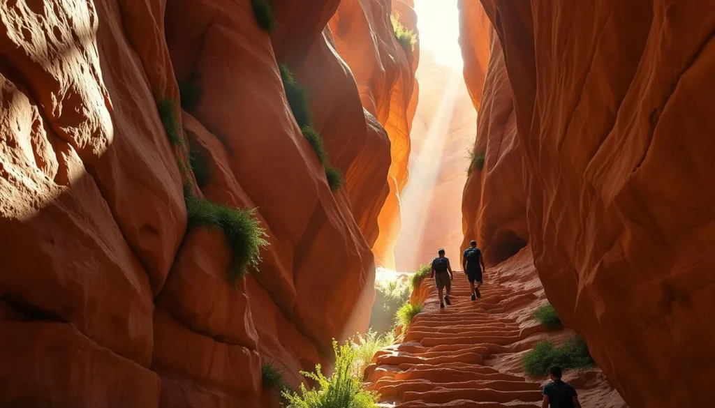 A sun-dappled siq trail winds through towering sandstone cliffs, their warm hues casting a golden glow over the rugged terrain. Hikers traverse the narrow path, their silhouettes casting long shadows as they ascend the rocky steps. Lush vegetation clings to the crevices, adding pops of vibrant green to the arid landscape. Soft, diffused lighting filters through the natural archways, creating a serene and atmospheric scene. The overall mood is one of adventure and exploration, inviting the viewer to embark on this captivating journey through the heart of Mujib Nature Reserve.