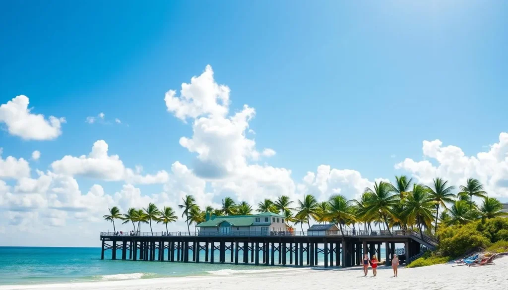 A sun-dappled spring day in Pensacola, Florida. Fluffy white clouds drift across a brilliant azure sky. Lush green palms sway gently in a warm, salty breeze. In the foreground, a picturesque pier stretches into the calm, turquoise waters of the Gulf of Mexico. Beachgoers stroll along the powdery white sand, enjoying the perfect 70-degree weather. The scene radiates a tranquil, laid-back atmosphere, inviting visitors to bask in the natural beauty of this coastal paradise.