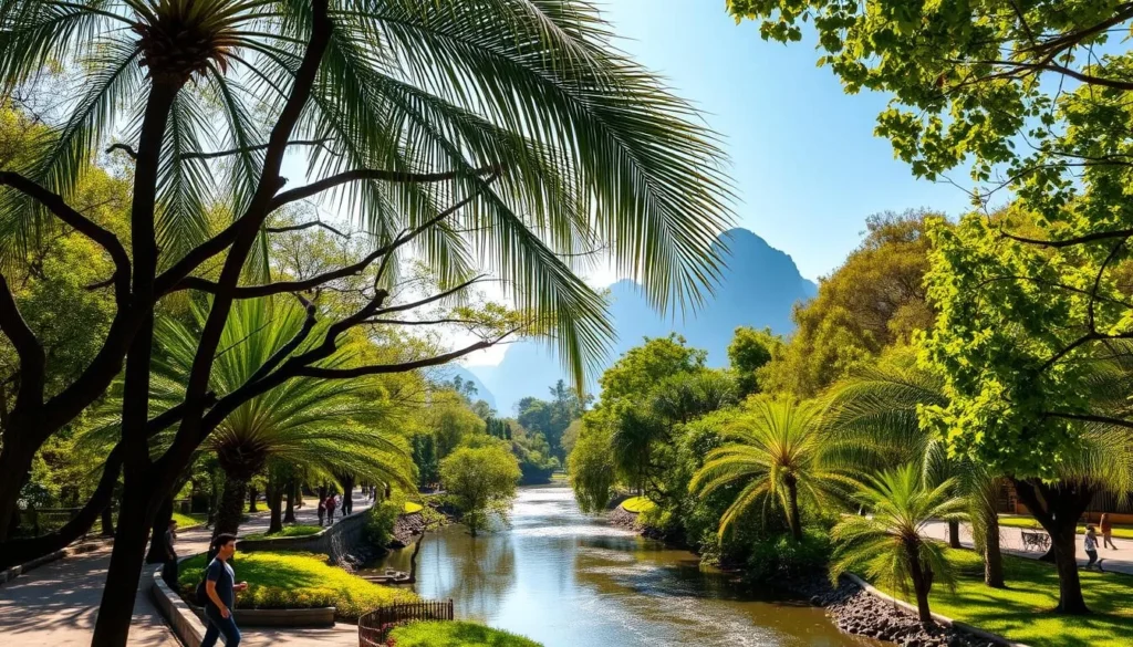 A sun-dappled springtime scene in Da Nang, Vietnam. Picturesque palm trees sway in a gentle breeze, their fronds casting intricate shadows on the lush, verdant foliage below. In the middleground, a serene river winds its way through the landscape, its waters shimmering with reflected light. Along the riverbank, locals and tourists stroll leisurely, taking in the tranquil atmosphere. The background features the iconic Marble Mountains, their peaks capped with a hazy blue-gray mist. The overall mood is one of peaceful calm, capturing the essence of Da Nang's pleasant springtime weather.