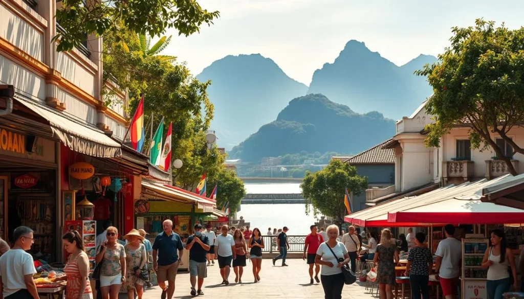 A sun-dappled street in Da Nang, Vietnam, lined with colorful shops and cafes. In the foreground, a group of locals and tourists explore the vibrant market stalls, browsing handcrafted souvenirs and sampling delectable street food. The middle ground showcases the iconic Han River, its sparkling waters reflecting the surrounding architecture. In the background, the dramatic Marble Mountains rise, their peaks bathed in warm, golden light. The scene conveys a sense of lively cultural exchange, inviting the viewer to immerse themselves in the city's vibrant energy. Capture this picturesque moment with a wide-angle lens, emphasizing the harmonious blend of modern and traditional elements that define Da Nang's distinctive charm.