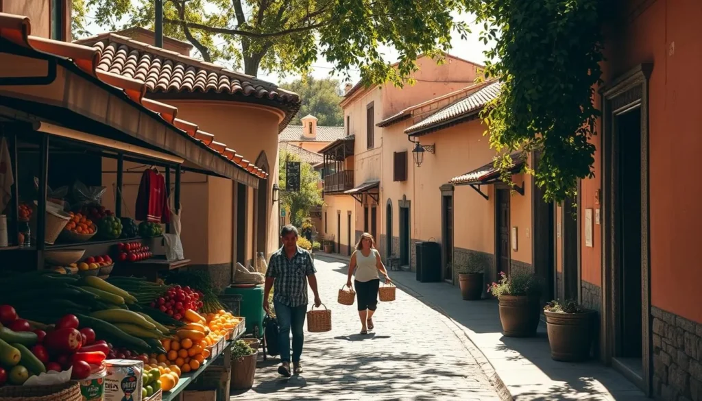 A sun-dappled street in the charming town of Tlaxcala, Mexico. In the foreground, a local market stall overflows with vibrant produce, enticing passersby. Midground, a pair of locals navigate the cobblestone path, carrying woven baskets. The background features the warm, terracotta-tiled roofs and stucco walls of historic buildings, bathed in a soft, golden light. A sense of tranquility and authentic, budget-friendly exploration pervades the scene. Captured with a wide-angle lens to emphasize the depth and scale of the picturesque setting.