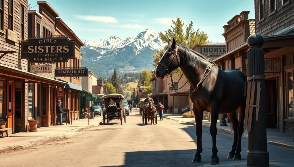 A sun-dappled street in the heart of Sisters, Oregon, 1880s. Weathered wooden storefronts line the sidewalks, their facades adorned with vintage signage and decorative trims. Horse-drawn carriages clip-clop along the road, passing by a hitching post where a sturdy draft horse waits patiently. In the distance, the majestic Cascade Mountains rise, their snow-capped peaks glowing in the warm afternoon light. Cowboy boots and wide-brimmed hats hint at the rugged spirit of the Old West, while a gentle breeze carries the scent of freshly baked goods from a nearby bakery. This idyllic scene captures the timeless charm and adventurous essence of Sisters, Oregon.