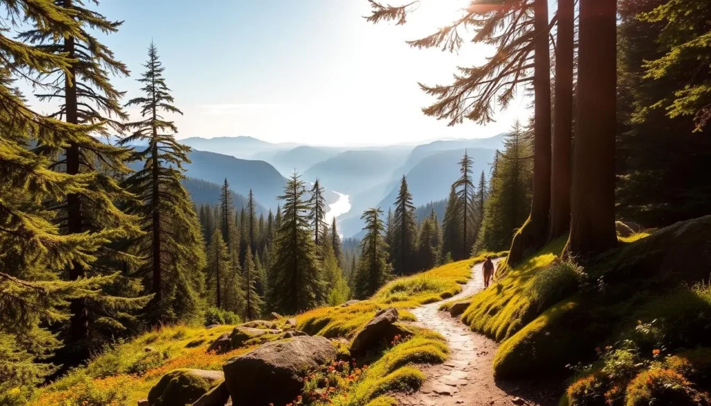 A sun-dappled trail winding through a lush, verdant forest of Douglas firs and western red cedars. Hikers explore the picturesque paths, with the majestic Columbia River Gorge visible in the distance, its towering cliffs and cascading waterfalls framed by the surrounding mountains. Warm, diffused lighting filters through the canopy, casting a golden glow over the scene. The trail is flanked by vibrant wildflowers and mossy boulders, inviting visitors to immerse themselves in the serene, natural beauty of this iconic Pacific Northwest landscape.