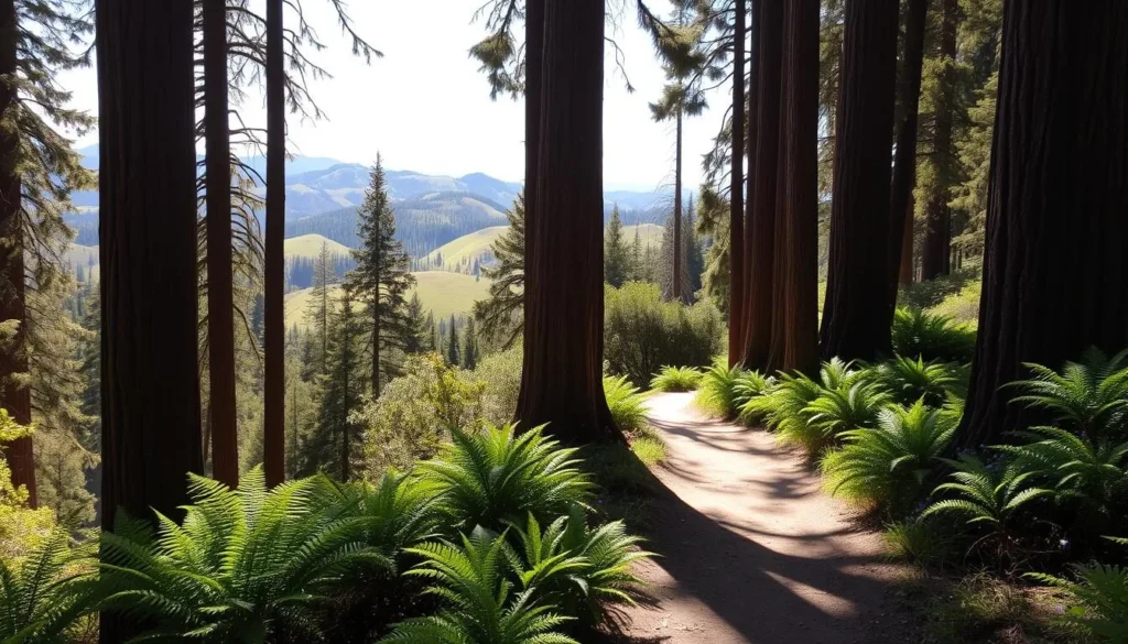 A sun-dappled trail winds through a forest of towering redwood trees, their reddish-brown trunks reaching skyward. Lush ferns and wildflowers line the path, inviting hikers to immerse themselves in the serene natural surroundings. In the distance, a vista opens up, revealing rolling hills and peaks of the Red Hills Mountains, their slopes a vibrant green under the warm California sun. The scene is bathed in a soft, natural light, casting gentle shadows and highlights that accentuate the textures and contours of the landscape. The overall atmosphere is one of tranquility and adventure, beckoning explorers to discover the hidden wonders of this picturesque hiking trail.