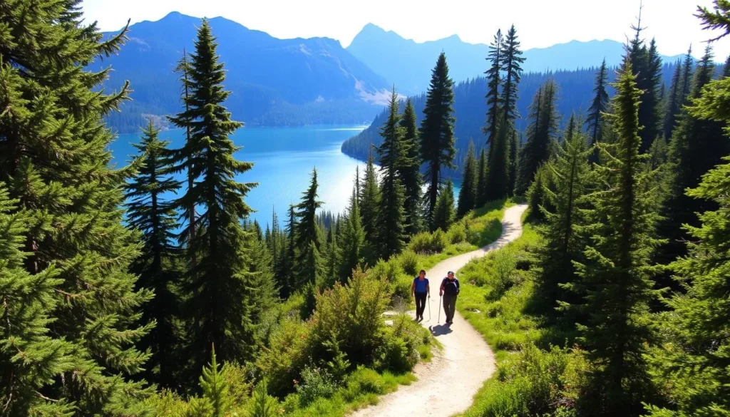 A sun-dappled trail winds through a lush, verdant forest, with towering evergreens lining the path. Dappled sunlight filters through the canopy, creating a warm, inviting atmosphere. In the distance, a crystal-clear lake shimmers, its tranquil waters reflecting the surrounding scenery. Hikers traverse the well-maintained trail, taking in the breathtaking views of the rugged mountains that rise up in the background. The scene exudes a sense of peaceful exploration, inviting the viewer to immerse themselves in the natural beauty of the Lime Saddle Lake region.